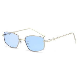 Macro detail of slim silver metal frame and light blue lens of square sunglasses
