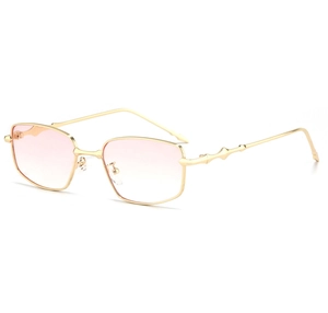 Detail of vintage square gold metal frame with pink gradient lenses and textured temples