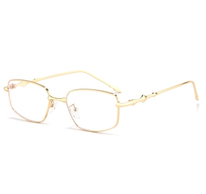 Detail view of gold square metal frame glasses with unique bamboo-style temple design