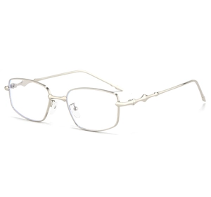 Detail of light gold irregular polygonal metal glasses frame with geometric wave temples