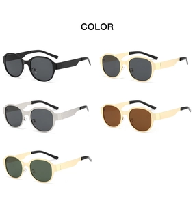 Detail showing vintage oval sunglasses collection with wide metal temples and five color options
