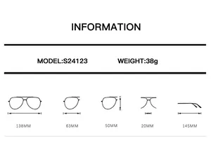 Detailed sizing chart for large frame vintage aviator sunglasses with dimensions