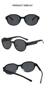 Three-way view of retro matte black round oversized sunglasses with integrated nose pads