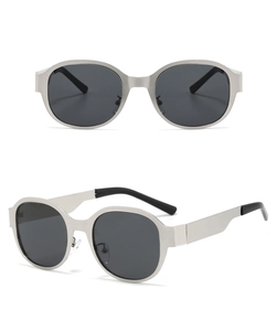 Detailed views of silver metal oval sunglasses with dark grey lenses and retro design