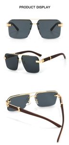 Three-view detail of square rimless sunglasses with gold metal bridge and wood grain temples