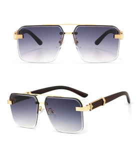 Detailed view of square sunglasses featuring gradient lenses and brown wood grain temples