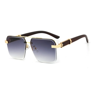 Square Rimless Sunglasses Metal Frame Wood Grain Temples Gradient UV400 Fashion Luxury Eyewear For Men Women