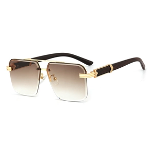 Classic square metal sunglasses with gradient lenses and wood grain temples for UV protection