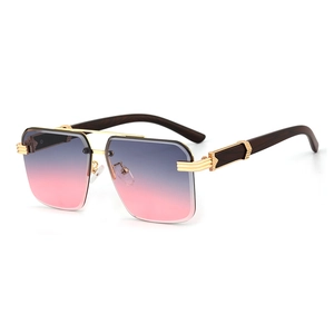 Classic square rimless sunglasses with wood texture temples and gradient purple lenses