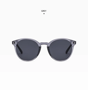 Vue détaillée des lunettes de soleil rondes translucides grises avec doubles clous en métal