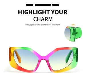 Detailed view of the colorful rainbow gradient frame and sturdy metal hinge on sunglasses