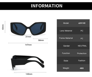 Detailed technical diagram showing dimensions of black polygon sunglasses with PC frame