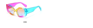 Detail shot of polygon sunglasses with pink yellow and blue gradient frame and light lenses