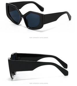 Detail view of thick black hexagonal sunglasses frame with polished resin finish