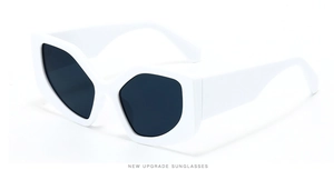 Side view of geometric polygonal sunglasses with thick white resin frames and dark lenses
