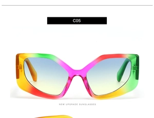 Detail of colorful rainbow gradient geometric sunglasses with blue-yellow tinted lenses