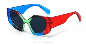 Detail of oversized polygon sunglasses featuring a multi-color gradient transparent frame