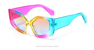 Detail view of the colorful geometric sunglasses with rainbow gradient resin frame