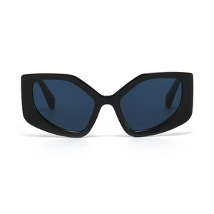 Fashionable geometric cat eye sunglasses with glossy black frame and dark blue lenses