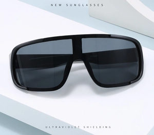 Detailed close-up of dark grey lenses and black frame with ultraviolet shielding specs