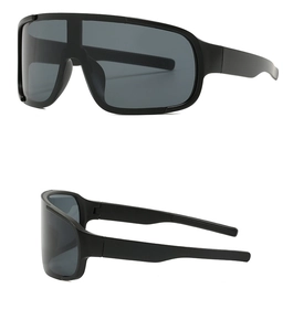 Vertical side views of large black visor cycling sunglasses with streamlined sport frames