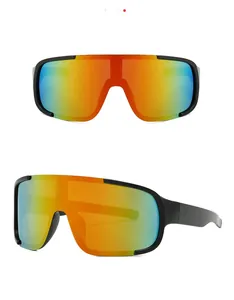 Detail of outdoor sports sunglasses with large rainbow lenses and black matte frames