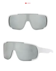 Detailed views of white sports sunglasses with silver mirrored lenses for cycling