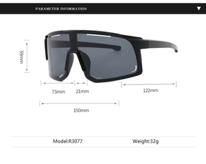 Detailed dimension chart showing size parameters of sports cycling sunglasses model R3077