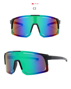 Close-up of polarized colorful gradient lenses and sleek black frame for sports eyewear