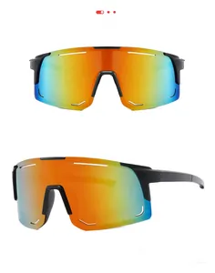 Detail of sports cycling sunglasses with orange-purple gradient lenses and matte black frame