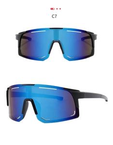 Detail of matte black cycling sunglasses with blue mirrored anti-UV coating lenses