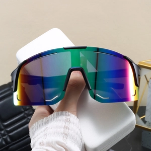 Detail of cycling sunglasses with colorful mirrored lens and white leather storage case