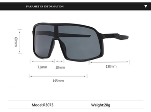 Detailed size specifications for R3075 black sport cycling sunglasses with dimensions