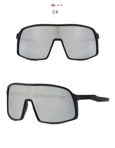 Detail view of matte black oversized sports sunglasses with silver mirror wrap lenses