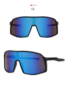 Detail view of model C6 sports sunglasses with blue mirrored lens and black frame