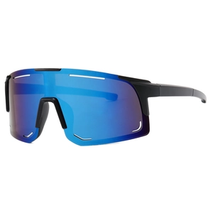 Outdoor sports cycling sunglasses with large blue mirrored lenses and matte black frame