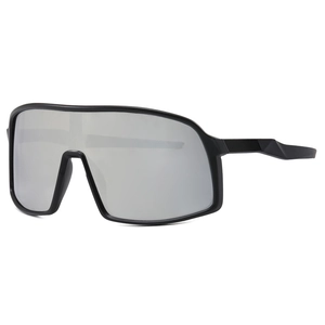 Matte black sports cycling sunglasses with silver mirrored lenses and wrap-around frame