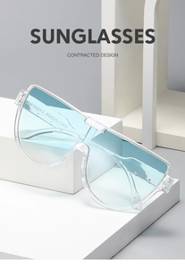 Dettaglio di occhiali da sole oversize con lenti azzurre e montatura trasparente