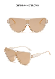 Dettaglio occhiali da sole maschera champagne con lente singola marrone oversize