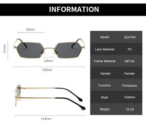 Detailed size chart for classic metal polygon sunglasses with frame dimensions and specs