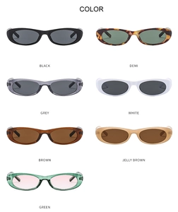 Grid view of oval sunglasses showing colors Black, Demi, Grey, White, Brown, and Green