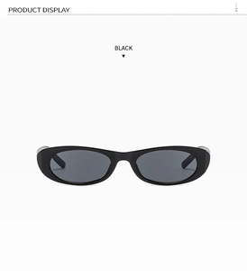 Detailed front view of black oval frame sunglasses with integrated nose pads on white background