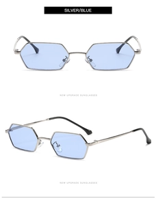 Detail view of silver metal polygon sunglasses with light blue lenses and black tips