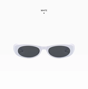 Front view of retro oval sunglasses featuring a thick white frame and dark lenses