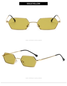 Detail of gold polygonal metal sunglasses with bright yellow lenses from multiple angles