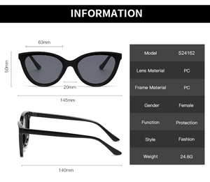 Infographic showing dimensions and specifications of large frame cat-eye sunglasses