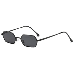 Detail of vintage hexagonal metal frame sunglasses with dark grey lenses and nose pads