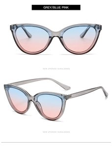 Front and side view of grey cat-eye sunglasses with blue-pink gradient lenses