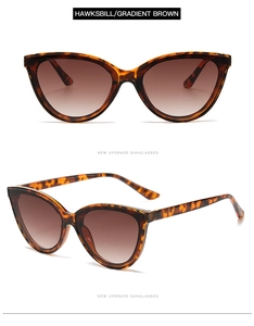 Detailed views of cat-eye sunglasses featuring tortoiseshell frames and gradient brown lenses
