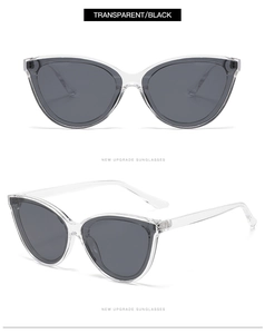 Detail view of transparent retro cat eye sunglasses with high quality black lenses